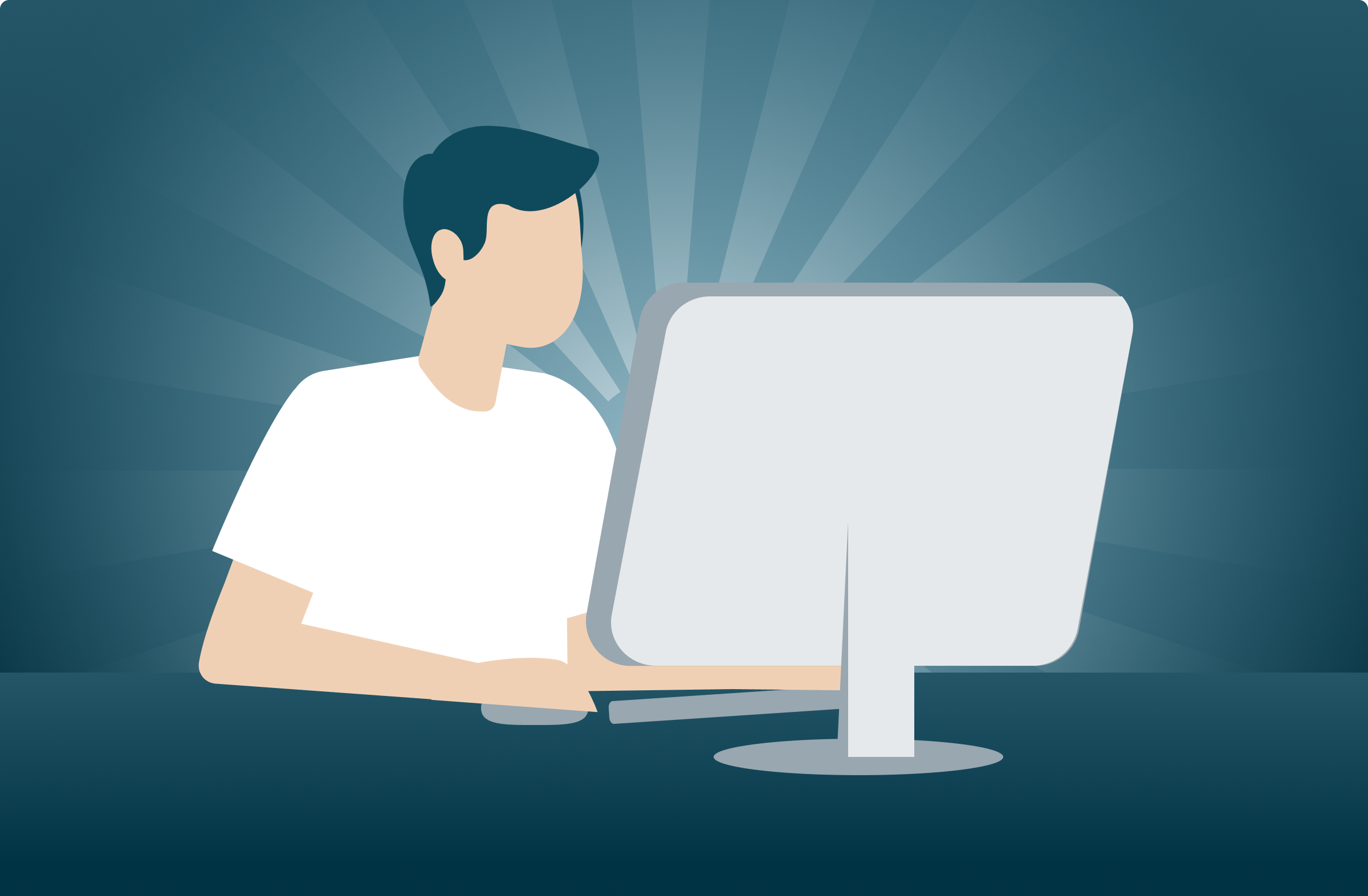 Illustrated person sitting in front of a large PC screen