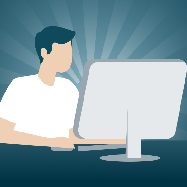 Illustrated person sitting in front of a large PC screen